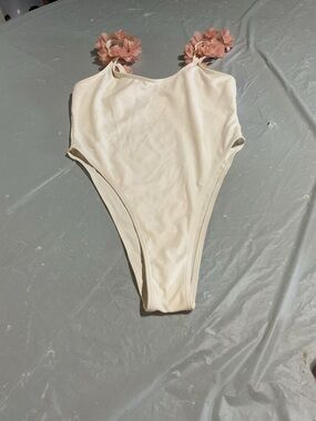 Cream Girls' One-Piece Swimsuit with Pink Floral Straps 1074